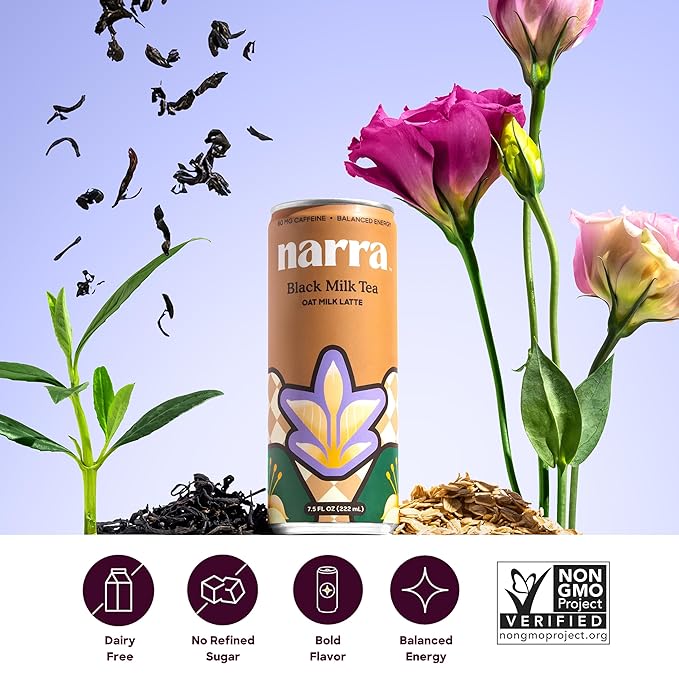 Narra Oat Milk Tea Latte (12 Pack) - Black Tea Smooth Balanced Energy from Tea (50–60mg Caffeine + L-Theanine) Organic Oat Milk MCT Oil Vegan Dairy Free No Refined Sugar Non-GMO