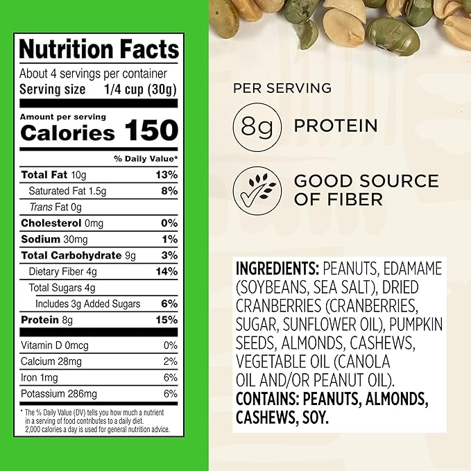 Snak Club Protein Power Snack Mix with Peanuts Roasted Edamame Dried Cranberries Pumpkin Seeds Almonds and Cashews Gluten-Free and Kosher Trail Mix Snacks 4.2 oz Resealable Bags 6 Pack