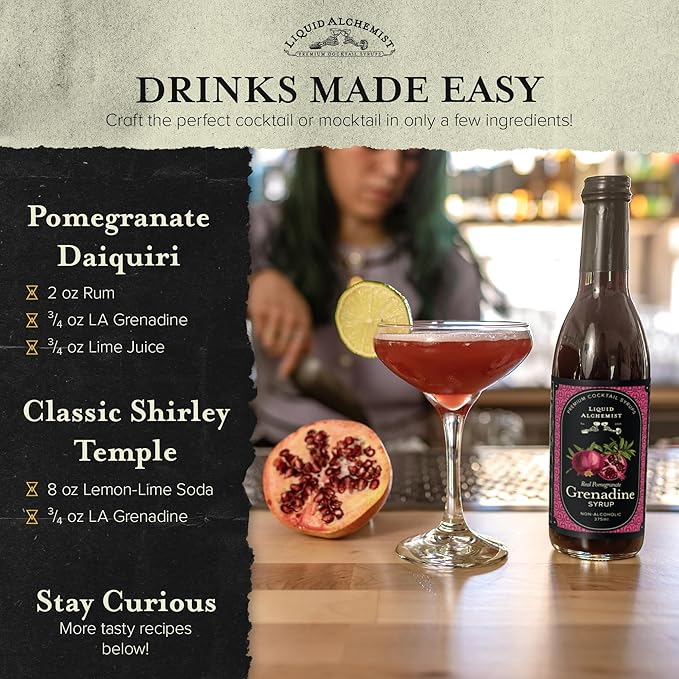 Liquid Alchemist Grenadine Syrup for Cocktails - Real Ingredients Make our Pomegranate Syrup the Perfect Shirley Temple Mix - Our Small Batch is Non-GMO Gluten Free &amp Vegan (25.4 oz)