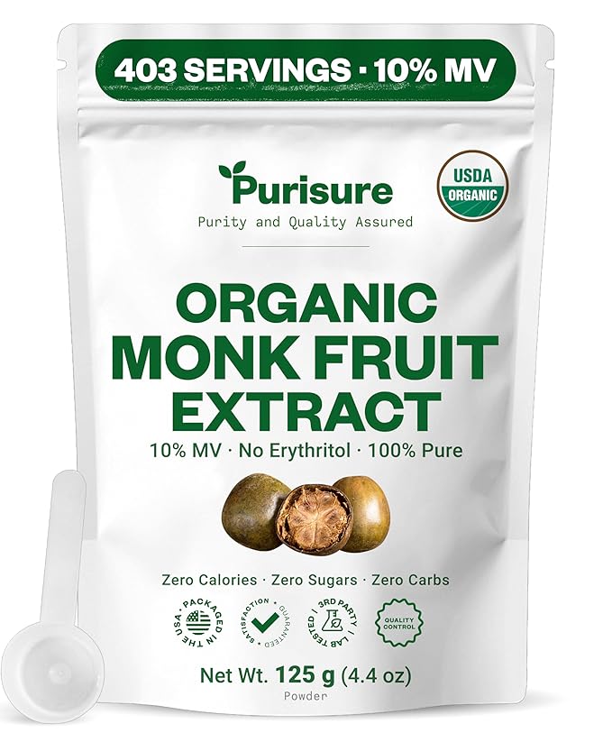 Organic Monk Fruit Extract Powder 125g (4.41oz) No Fillers Pure USDA Organic Monk Fruit Extract Sweetener with No Aftertaste Zero Calorie &amp Zero Carbs Keto &amp Paleo Friendly 403 Servings