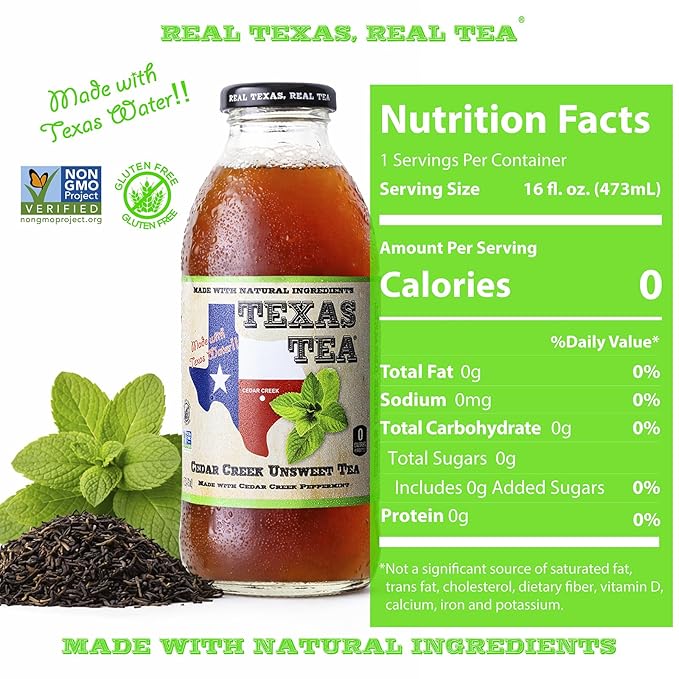 Texas Tea Cedar Creek Unsweet Tea Real Brewed Black Tea with Refreshing Peppermint Flavor Non GMO No Preservatives Crisp Unsweetened Texas Brewed Tea 16 fl oz Pack of 12