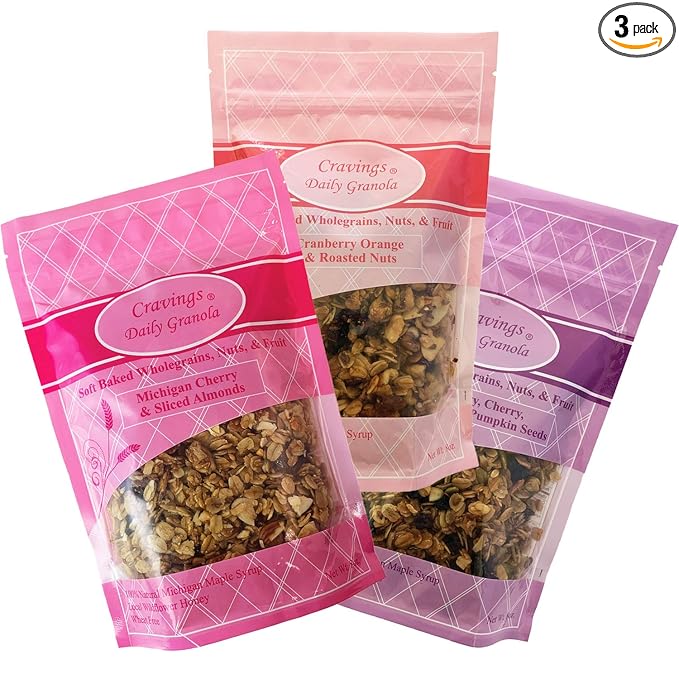 Cravings Daily Granola Variety- 3 Pack- Cranberry Orange &amp Roasted Nut Blueberry Cherry Cranberry &amp Pumpkin Seed and Michigan Cherry &amp Sliced Almond