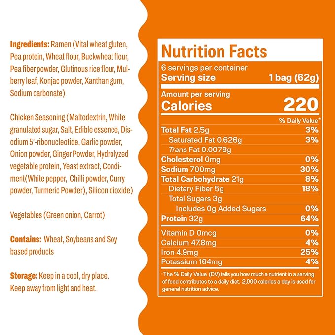 Hethstia High Protein Ramen Soup– 6 Pack Instant Ramen Chicken Flavor Plant-Based Protein (32g) Vegan Vegetarian Non-GMO Low Fat Air-Dried Non-Fried Egg-Free Dairy-Free Quick Meal