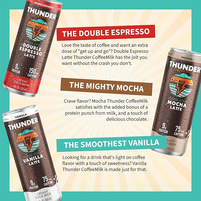 Thunder CoffeeMilk - 11 oz Aussie Style Cold-Brewed Latte Canned Coffee Iced Coffee Cans for Grab &amp Go Natural Protein-Rich 75-150mg Caffeine Energy Drink in Handy Cold Brew Cans 12 Variety Pac