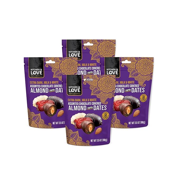 Kitchen &amp Love Assorted Chocolate Covered Almond Stuffed Dates in a Convenient Resealable Pouch 8 Individually Wrapped Pieces Healthy Snack 3.5 oz pouch (Pack of 4)