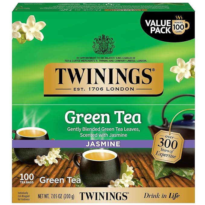 Twinings Green Tea with Jasmine Individually Wrapped Bags 100 Count (Pack of 1) Fragrant Floral Scent Caffeinated Enjoy Hot or Iced 100 Teabags