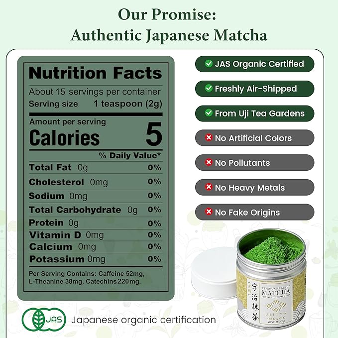 Ceremonial Grade Matcha Powder AA 1.06oz Tin Japanese JAS Certified Organic Antioxidant Rich with Caffeine &amp L-Theanine for Focus &amp Relaxation Kosher Non-GMO Green Tea(1.06oz Uji Organic)