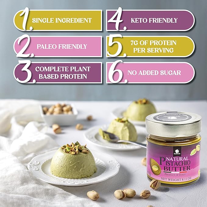 Gourmanity Pure Italian Pistachio Butter Spread 100% Nut Deliciousness Gourmet Pistachio Paste For Sweet And Savory Dishes No Added Sugar GF Vegan Keto and Paleo Friendly Kosher And Halal Certi