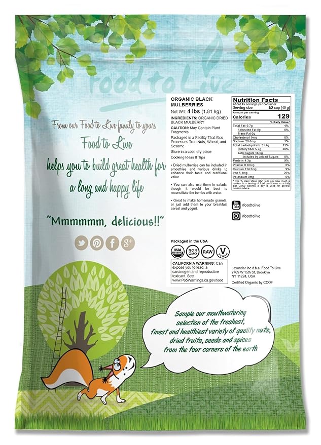 Food to Live Organic Dried Black Mulberries 4 Pounds – Non-GMO Raw Fruit Unsulfured Unsweetened Vegan Mulberry in Bulk. Great for Snacking Desserts and Granola. No Sugar Added. Morus nigra