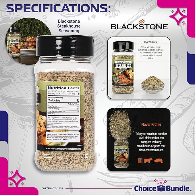 Blackstone All Purpose (AP) &amp Steakhouse Savory Seasoning – Gourmet Griddle Premium BBQ Barbecue Rub 4 Pk Choice Bundle (29.2 oz) + BBQ Guide &amp Opener (6 Items)!