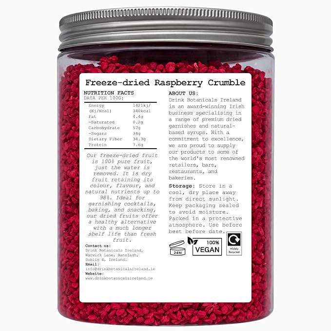 Drink Botanicals | Freeze Dried Raspberry Crumble Grit Pieces | 100% Natural | 5.29oz 150 Grams | Non-GMO | Dried Raspberries for baking Garnishing Cakes | Raspberry Pieces | Pet Recyclable Jar