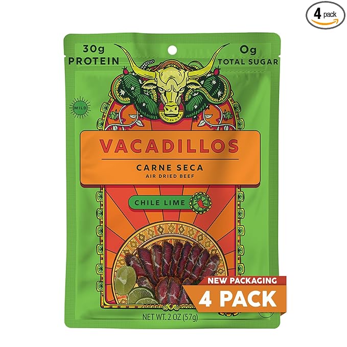 Vacadillos - High Protein Carne Seca | 30g Protein Sugar Free Carbs Free Gluten Free Dairy Free Keto &amp Paleo Friendly | Mexican Inspired Beef Jerky Snack | Chile Lime Pack Of 4