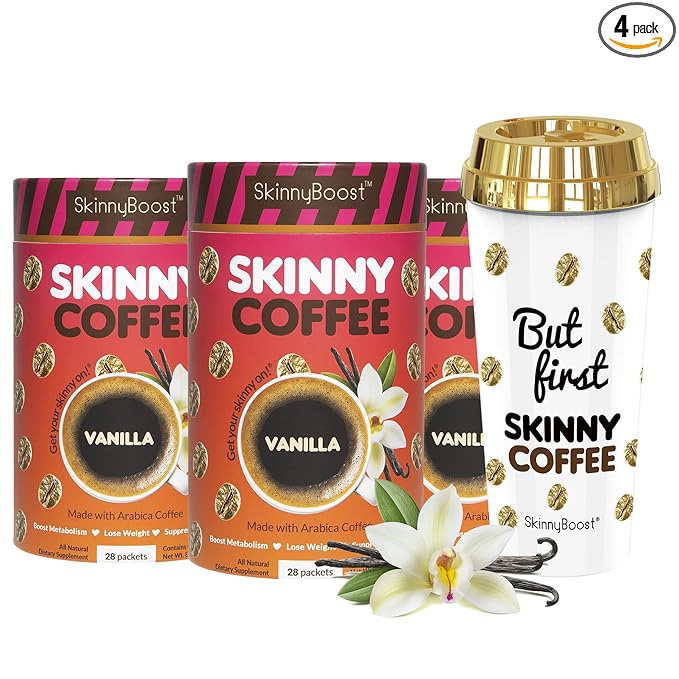Skinny Boost 3 Pack Vanilla Instant Skinny Coffee Sticks with Free Tumbler-Premium Arabica Coffee All Natural Sugar Free Vegan &amp Paleo Friendly- 28 Per Container