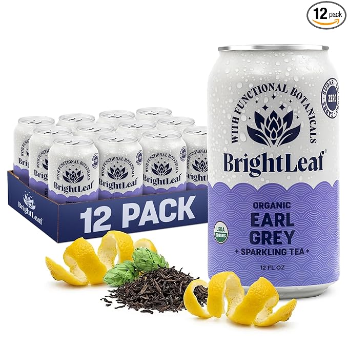 BrightLeaf Earl Grey Sparkling Tea with Functional Benefits For Focus – Regenerative Organic Lightly Caffeinated Zero Sugar Zero Calories Zero Sweeteners – 12oz Cans 12-Pack – Craft-Brewed with W