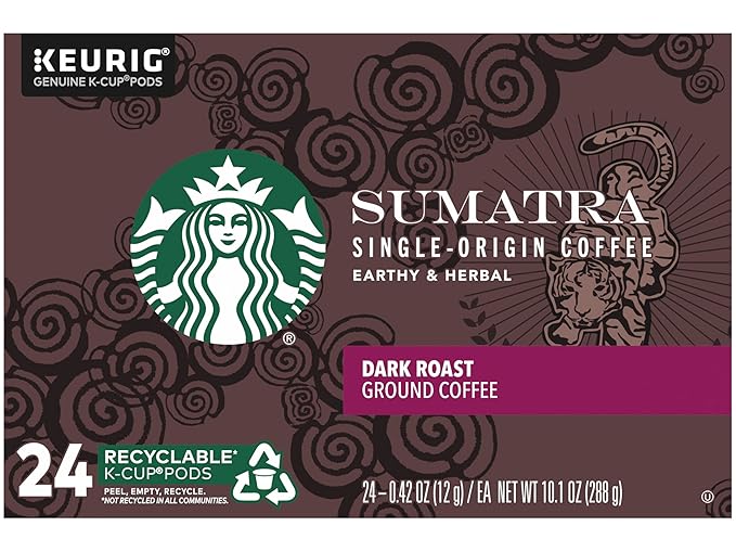Starbucks Sumatra Single-Origin Coffee K-Cup Pods Dark Roast Ground Coffee with Earthy &amp Herbal Flavor 24 CT K-Cup Pods Per Box (Pack of 2 Boxes)