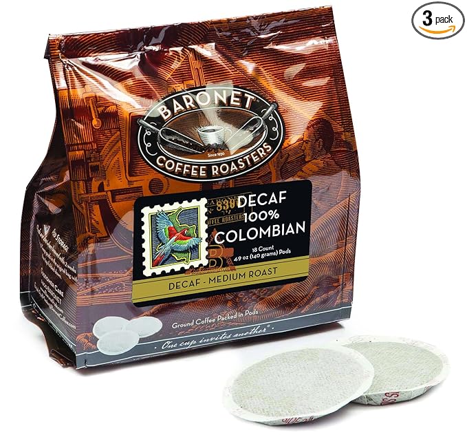 Baronet Coffee Pods [DECAF Colombian -54 Pods] Single Cup Use Like Senseo - 3 Bags of 18 Single Serve 8 Gram Regular Strength Medium Roast [DECAF Colombian]