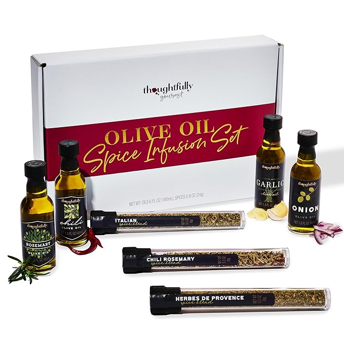 Thoughtfully Gourmet Olive Oil Spice Infusion Gift Set Premium Cold Pressed Extra-Virgin Olive Oil from Spain Includes 4 Flavored Olive Oils and 3 Flavorful Spice Infusion Blends Set of 7