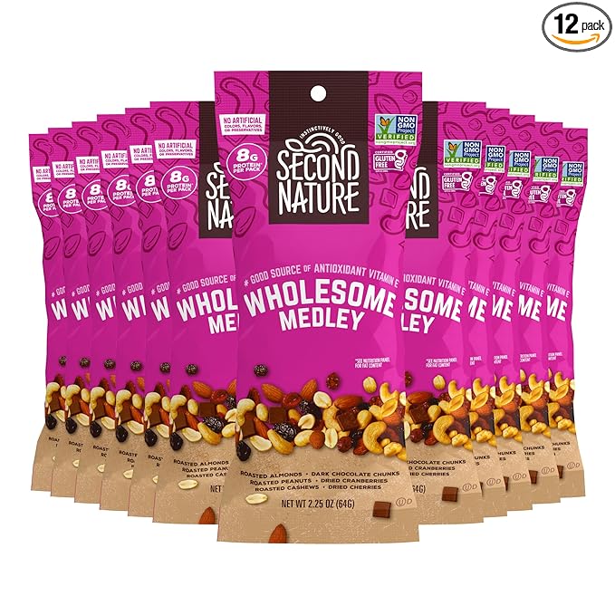 Second Nature Wholesome Medley Trail Mix - 12 Count 2.25 oz Individual Snack Packs Certified Gluten-Free – Dark Chocolate Dried Fruit and Nut Trail Mix Ideal for Travel Snacks