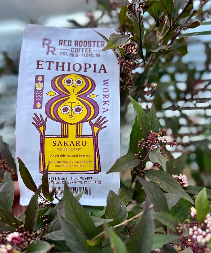 Red Rooster Coffee Ethiopia Worka Sakaro Anaerobic Natural Coffee – Light Roast Single Origin Landrace – Notes of Raspberry Tea Milk Chocolate Plum &amp Mixed Berries – 12oz Whole Bean