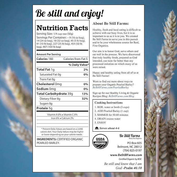 Be Still Farms Organic Pearl Barley Grain (2.8lb) - Pearled Barley Seeds for Soup Pot in Bulk - Not Hulled | Similar to Hulless Barley | Quick Cook Barley for Porridge Cereal | USDA Organic | Vegan