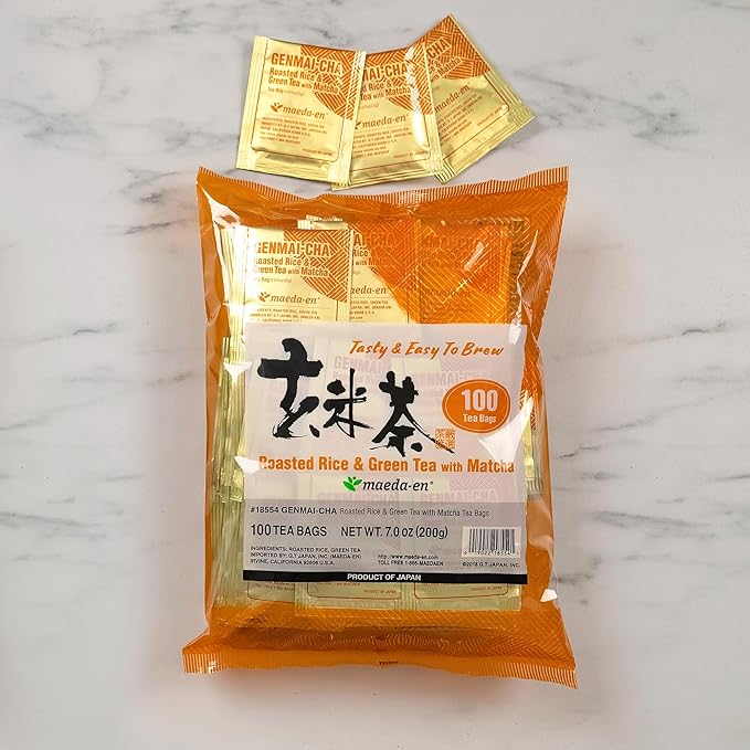 MAEDA-EN Genmai-cha with Matcha Roasted Rice and Green 100 Tea Bags Powder Japanese Origin Green Tea Leaves Individually Wrapped Teabags 18554 1pk