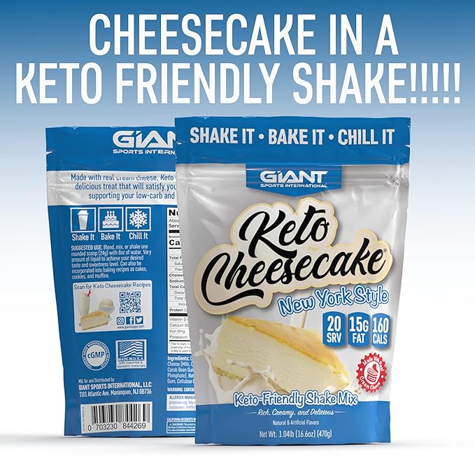 Giant Sports Keto Cheesecake Shake Mix - Delicious Low Carb Ketogenic Diet Gluten Free Powder Mix - Meal Replacement - Works Great with Almond Milk - New York Style (20 Serving Bag)