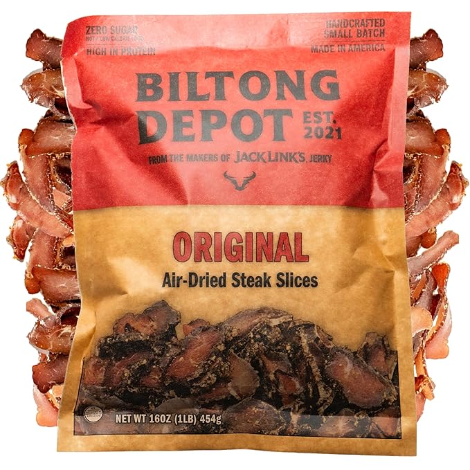 Biltong Depot Lean Original Biltong Slices - 1lb (16oz) | Air-Dried Beef Jerky Snack | High Protein | Paleo &amp Keto Friendly | Zero Sugar | Gluten Free | No Artificial Preservatives | No MSG