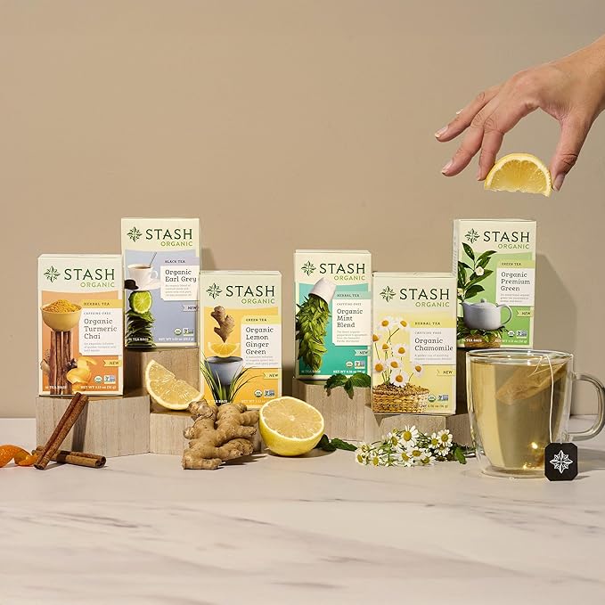 Stash Tea Organic Lemon Ginger Green Tea Caffeinated Non-GMO Project Verified Serve Hot or Iced 96 Tea Bags 16 count (6 pack)