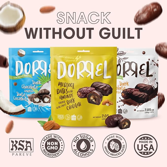 DORREL - Trio Bundle Pack: Belgian Dark Chocolate Covered Dates (Medjool) + Chocolate Dates with Salted Almonds &amp Coconut Stuffing High Energy Choco Snack Kosher &amp Non-GMO Pack of 3 7.05 oz