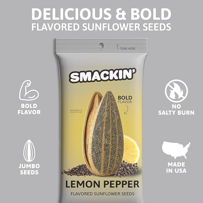 SMACKIN' Sunflower Seeds Roasted Jumbo Small-Batch American Made - Lemon Pepper. 1.5oz bags (36 Pack)