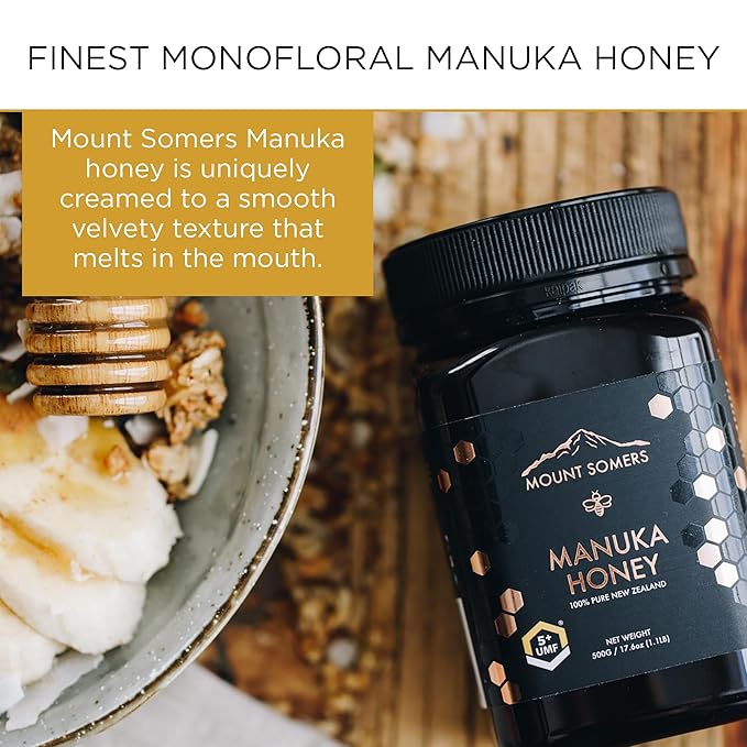 Mount Somers 100% Pure Premium Raw Manuka Honey - UMF 5+ / MGO 83+ 17.6oz (500g) Jar Non GMO New Zealand Manuka Honey Genuine Natural Superfood Great Taste UMF Certified