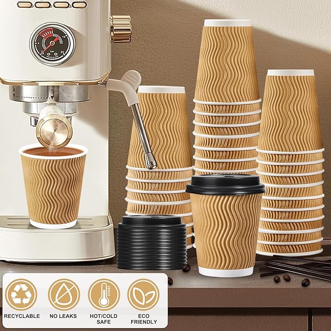 SIUQ 12 oz Coffee Cups-90 Pack Disposable Coffee Cups with Lids and Straws Insulated Ripple Wall To Go Paper Coffee Cup for Coffee Hot Chocolate and Hot Tea Drinks - Champagne