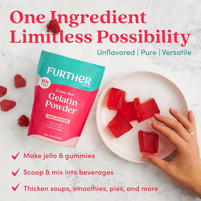 Further Food Premium Gelatin Powder – Unflavored Grass-Fed &amp Pasture-Raised Beef Hide Non-GMO Sugar-Free Keto &amp Paleo Friendly 31.74 oz
