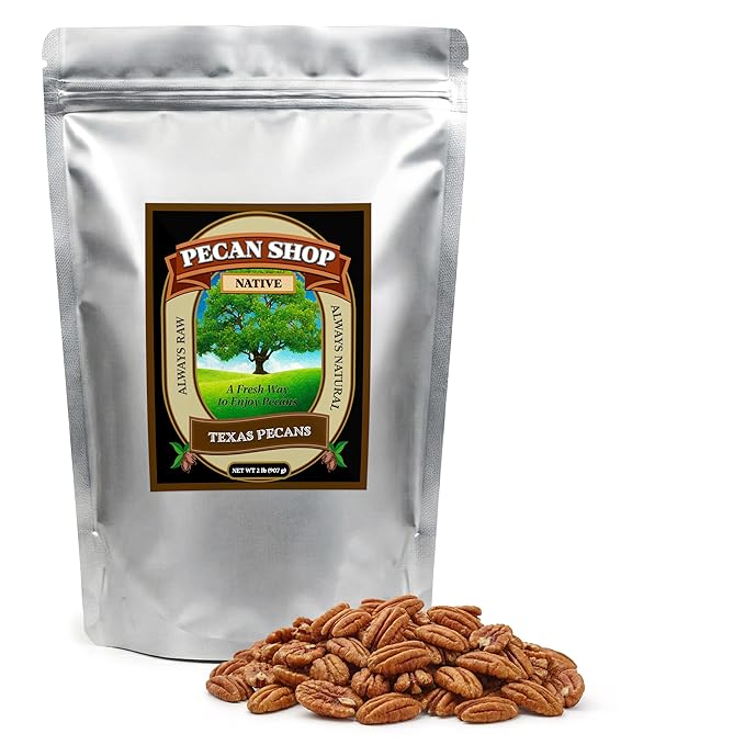 Pecan Shop Raw Unpasteurized Shelled Texas Native Pecans Wild-Harvested and Tested Pesticide-Free Pecan Halves in Oxygen-Barrier Bag for Peak Freshness - 2 lb