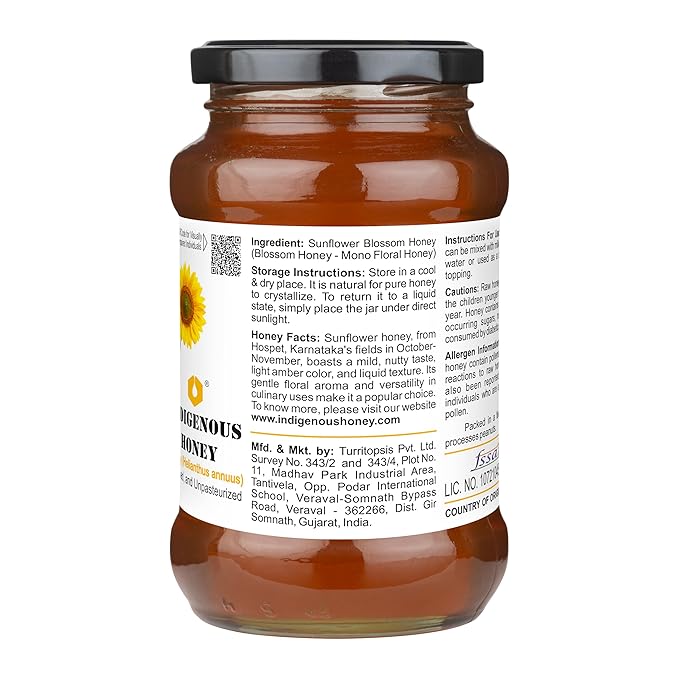 INDIGENOUS HONEY Sunflower Honey Raw Organic Natural Pure Unprocessed NMR Tested Unpasteurized Unheated 530g Glass Jar Pack of 1