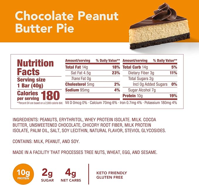think! Keto Protein Bars Healthy Low Carb Low Sugar Gluten Free Snack with No Artificial Sweeteners 4G Net Carbs &amp 10G of Whey Protein - Chocolate Peanut Butter Pie (10 Count)