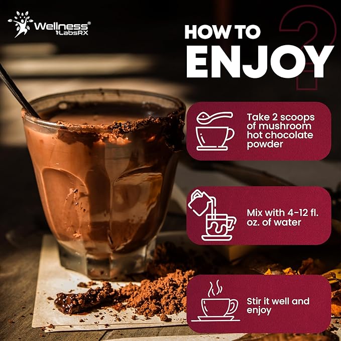 Mushroom Hot Chocolate Powder with Reishi 10:1 Extract Hot Cocoa Powder Caffeine-Free Mushroom Coffee Alternative - Adaptogenic Superfood Drink for Focus Relaxation and Mood Support - 30 Servings