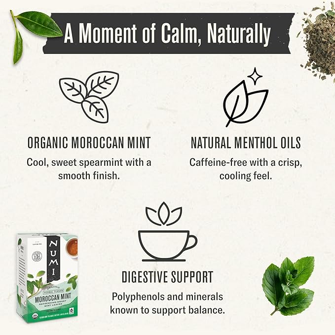 Numi Tea Organic Moroccan Mint Tea 54 Herbal Tea Bags Caffeine Free