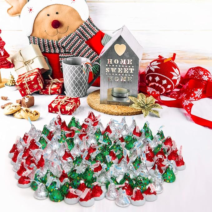 Kisses Christmas Mix 5LB – Santa Hat &amp Christmas Tree Chocolate Kisses Individually Wrapped Holiday Candy in Red Green &amp Silver Foil – Bulk Treats for Christmas Parties &amp Stocking Stuffe