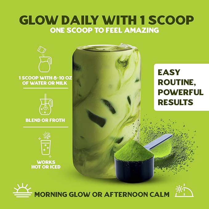 Slim &amp Glow Matcha Latte Powder – Collagen Peptides Organic Matcha Inulin Prebiotic Fiber Green Tea Extract Biotin – Gut Health Craving Control – 14 Servings