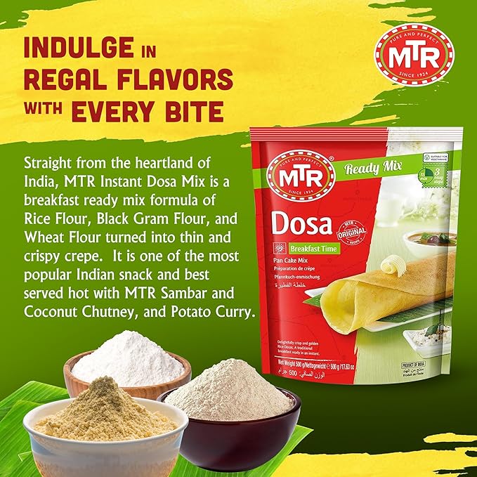 MTR Instant Dosa Mix - Ready to Cook Authentic Indian Breakfast Lunch Dinner or Snack Meal - No Added Preservatives - A Quick &amp Easy Recipe Suitable for Vegetarians - (500g Pack of 3)