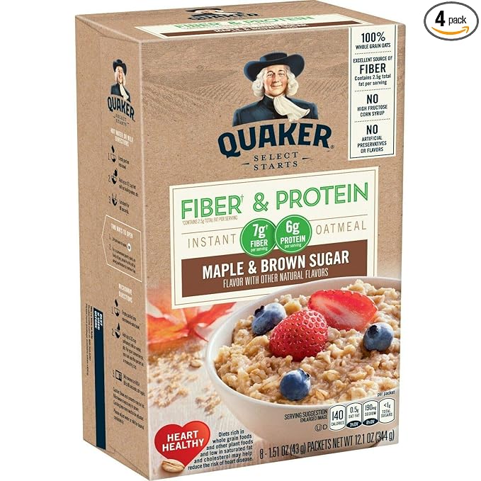 Quaker Instant Oatmeal Fiber&ampProtein (Previously Weight Control) Maple Brown Sugar 8-Count Boxes (Pack of 4)
