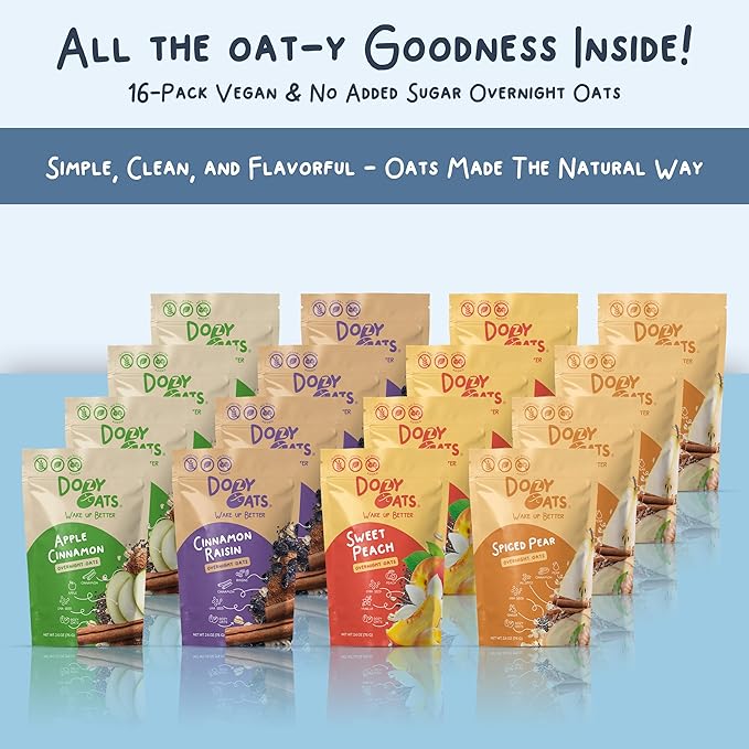 Dozy Oats Overnight Oatmeal Packets Vegan/No Added Sugar Variety Box with Rolled Oats Chia Seeds Date Powder and Dried Fruit. Gluten-Free Natural Source of Protein and Fiber 16-Pack