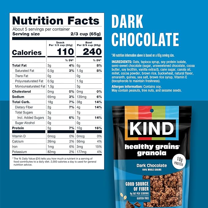 KIND Healthy Grains Granola Dark Chocolate Clusters Healthy Snacks Gluten Free 100% Whole Grains 10g Protein 11oz 6 Count