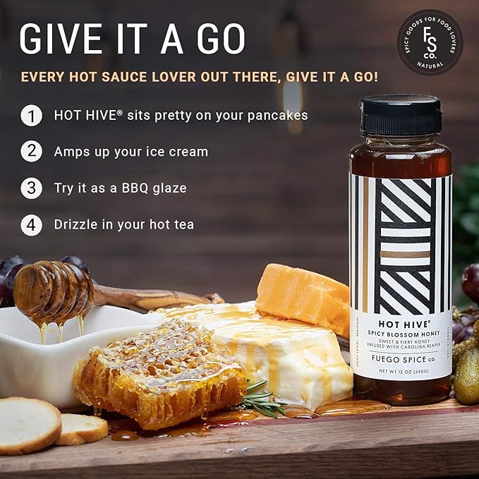 HOT HIVE Honey with Organic Carolina Reaper Pepper by Fuego Spice - 12 Oz - Made with Apple Cider Vinegar - Squeeze it on a BBQ Chicken Wings or Try it on a Taco - Heat Level: 4/10