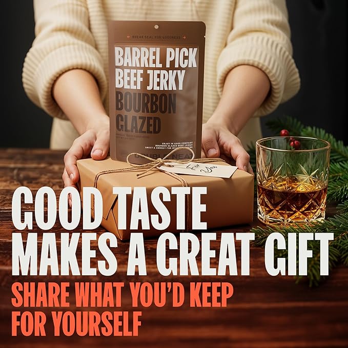 Double Neat Barrel Pick Bourbon Glazed Beef Jerky – Gluten Free – Whiskey Infused Sweet and Smokey High Protein Healthy Snacks – Low Sodium – Gourmet Easter Beef Jerky Gifts for Men – 2 Ounces Each