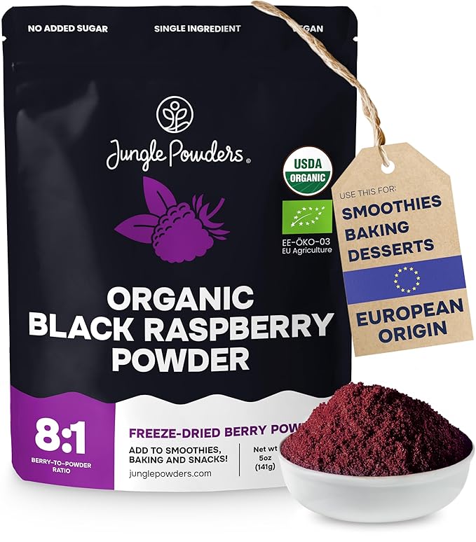 Jungle Powders Organic Black Raspberry Powder 5 Ounce Bag USDA Organic Freeze Dried Raspberries Fruit Whole Berry for Baking Additive Filler Free Superfood Extract Rasberries Smoothies Dehydrated