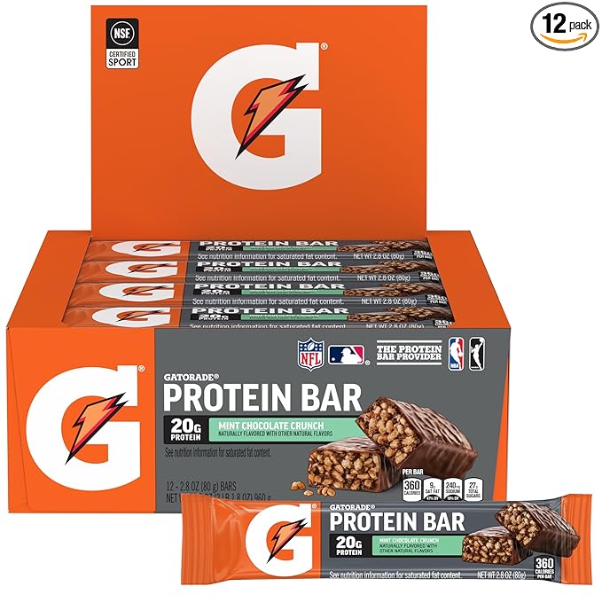 Gatorade Whey Protein Bars Mint Chocolate Crunch 2.8 oz bars (Pack of 12 20g of protein per bar)