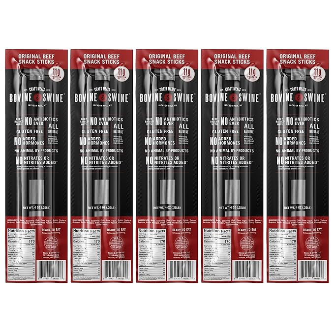 Bovine &amp Swine All-Natural Gourmet Craft Beef Snack Sticks | 10 Packs of 2 | Wyoming Jerky Sticks High Protein Individually Wrapped | Camping &amp Hiking Snacks | Clean Ingredients | Original B