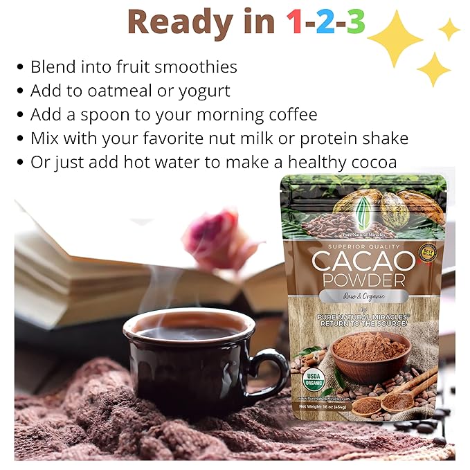Pure Natural Miracles Cacao Powder - Organic Raw Unsweetened Sugar Free Cocoa - Wild Chocolate Flavor - Perfect for Smoothies and Baking - 2 lb
